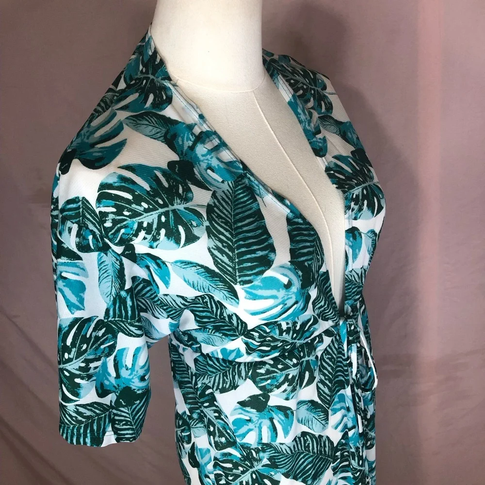 Swimsuit Cover-up Tropical Leaf Print Teal Tie-Front Size XS